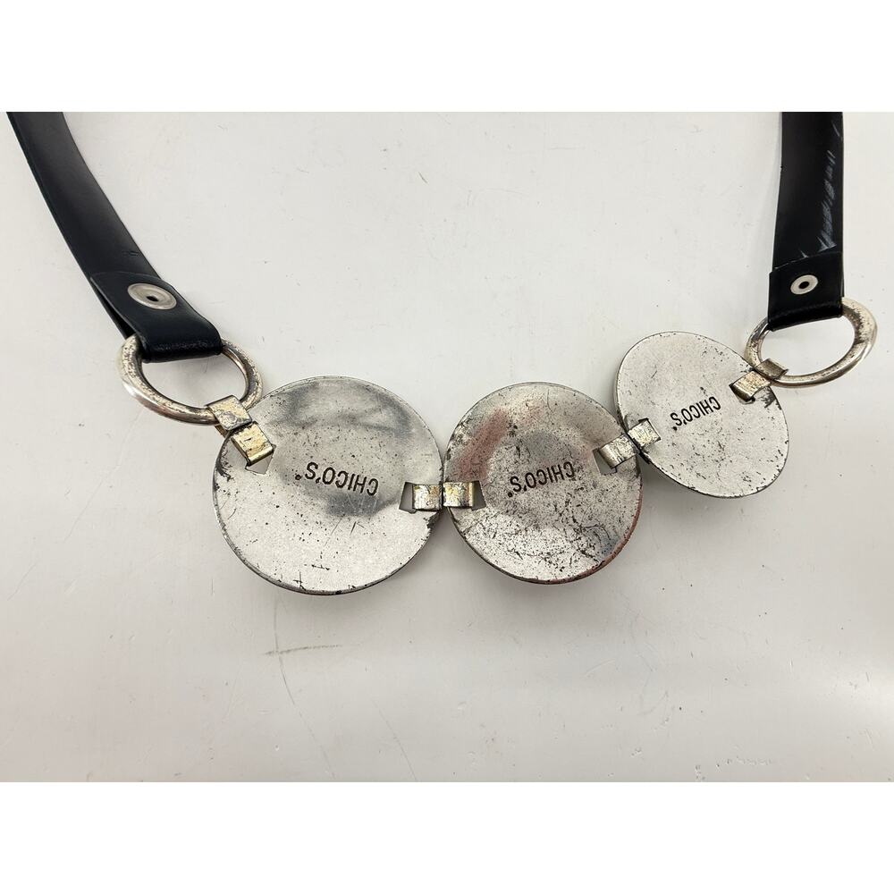 Chicos Silver Medallion Rhinestone Statement Belt Black Leather Boho Size S M - Picture 5 of 7